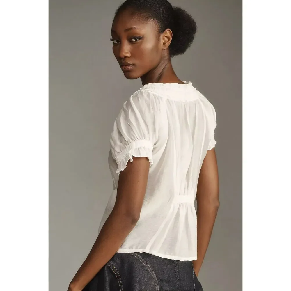 Pilcro Short-Sleeve Button Up Sheer Silky Blouse Scoop Neck Puff Sleeve Top XS